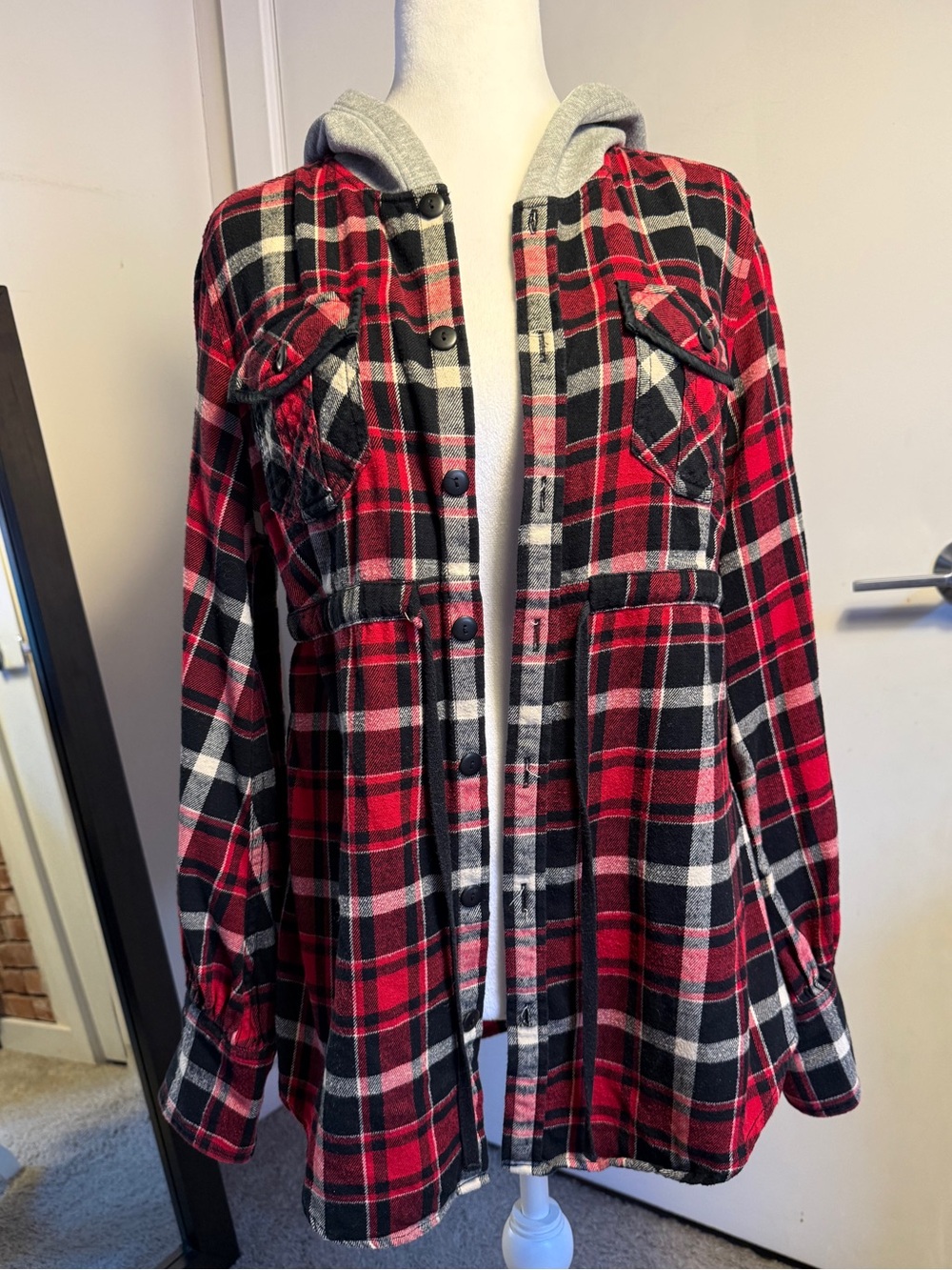 Free People Red & Black Plaid Hooded Flannel - Picture 2 of 5